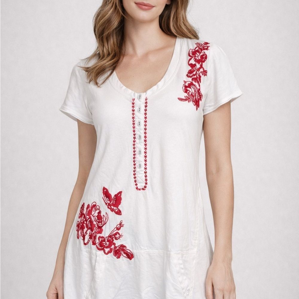 JW Los Angeles White Red Floral Embroidered Asymmetric Women's TopSz XS Bohemian